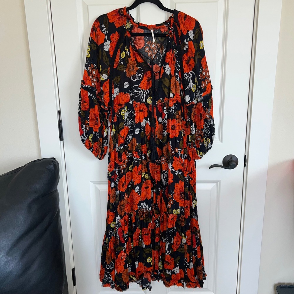 Free People In the Moment Orange Floral Boho Tiered Oversized Maxi Dress Size XS